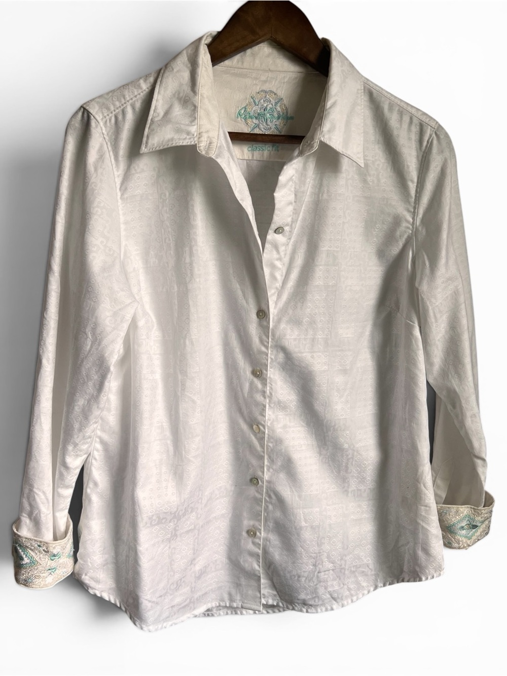 Robert Graham Womens Cotton Button Down Shirt Contrast Flip Cuff Jacquard Blouse